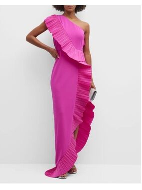 Asymmetric One-Shoulder Ruffle Maxi Dress in Fuchsia